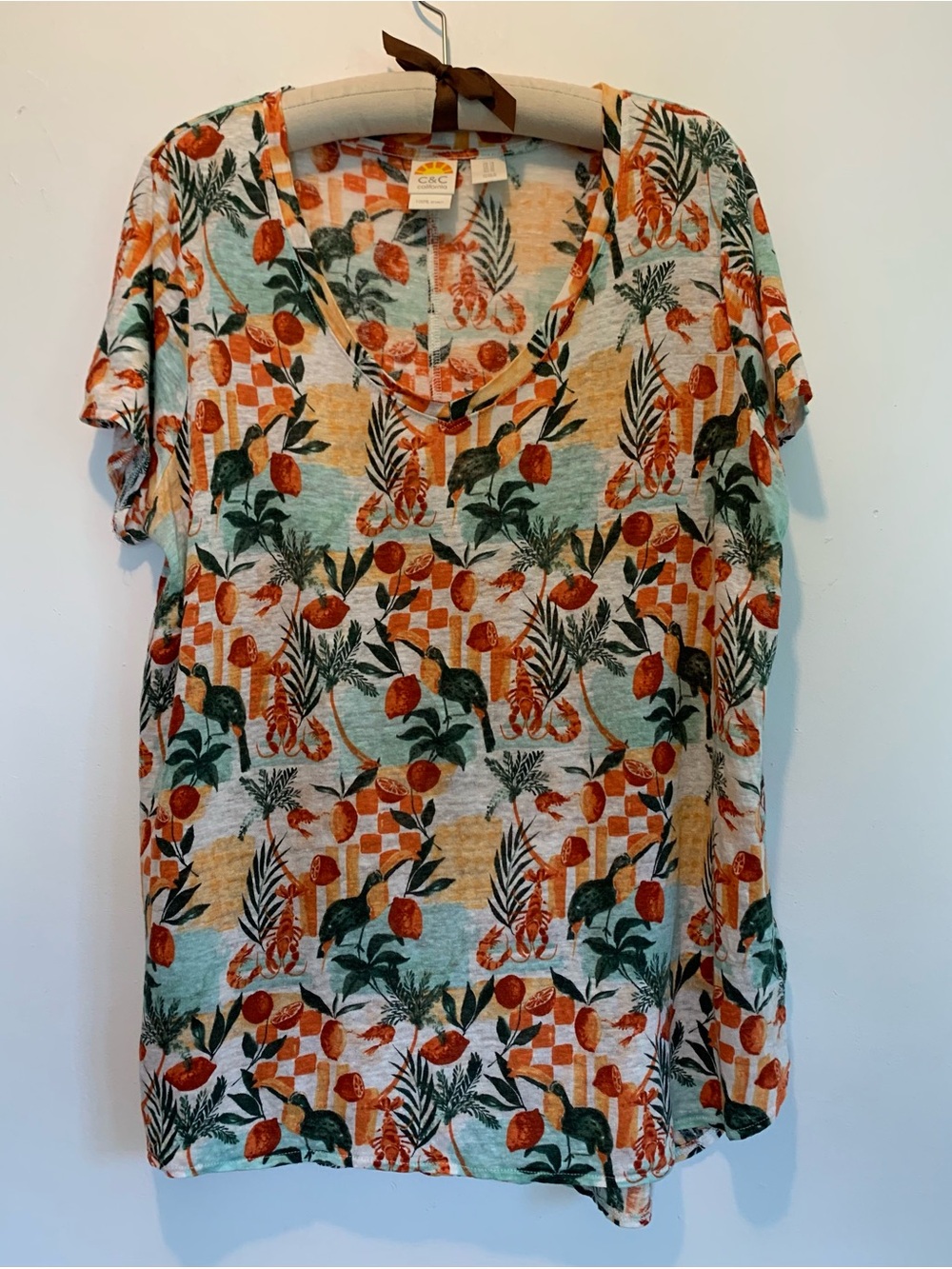 New C&C California Linen Tropical Bird Top Short Sleeve 1X